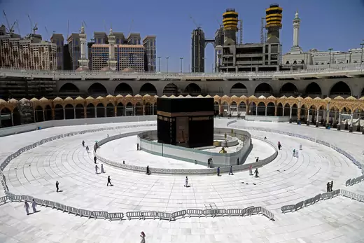 Muslim worshippers circumambulate the sacred Kaaba in Mecca's Grand Mosque, Islam's holiest site.