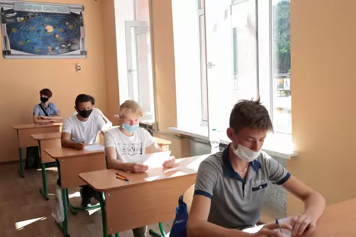 Enrolees wear face masks during entrance examinations at the Heroes of the Young Guard Cadet Corps, Kreminna, Luhansk Region, eastern Ukraine.
