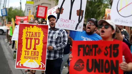 Striking McDonalds workers demanding a $15 minimum wage demonstrate in Las Vegas, Nevada.