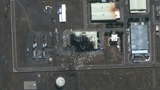 A satellite image shows a close-up view of a building damaged by fire at the Natanz nuclear facility in Natanz, Iran.