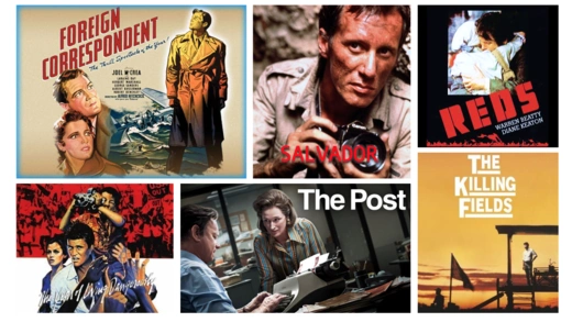 Movie posters clockwise from top left: Foreign Correspondent/Amazon; Salvador/IMDB; Reds/Roger Ebert; The Killing Fields/Amazon; The Post/20th Century Studios; The Year of Living Dangerously/Amazon.