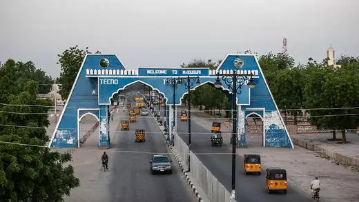 The city gate of Maiduguri along Bulumkutu road, in Borno state, Nigeria, on July 26, 2019. The aid workers were reportedly kidnapped while traveling on a road to Maiduguri, the Borno state capital.