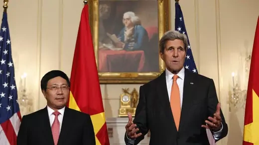 Vietnamese Foreign Minister Pham Binh Minh and U.S. Secretary of State John Kerry speak to reporters in Washington.