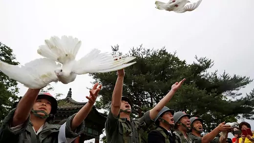 Doves are released during a ceremony commemorating the 70th anniversary of the Korean War