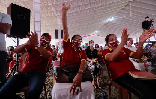 Supporters of Prime Minister Mahinda Rajapaksa at a campaign rally in Homagama, Sri Lanka.
