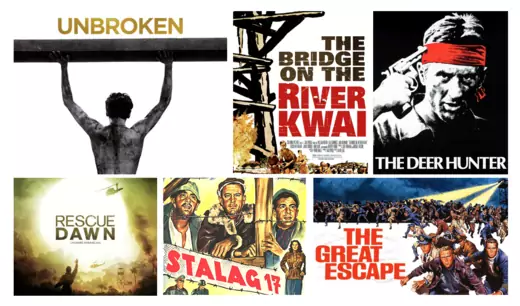 Movie posters clockwise from the top left: Unbroken/Amazon; The Bridge on the River Kwai/Golden Globes; The Deer Hunter/IMDB; The Great Escape/ABC; Stalag 17/History Net; Rescue Dawn/IMP Awards.