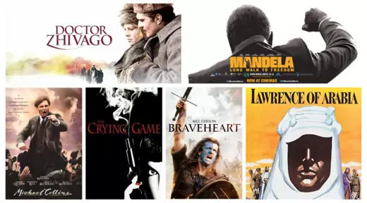 Movie posters clockwise from top left: Doctor Zhivago/Roger Ebert; Mandela/People’s World; Lawrence of Arabia/Amazon; Braveheart/Google Play; The Crying Game/CineMaterial; Michael Collins/Amazon. 