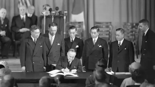 Japanese Prime Minister Shigeru Yoshida signs the Treaty of San Francisco with the United States on September 8, 1951.