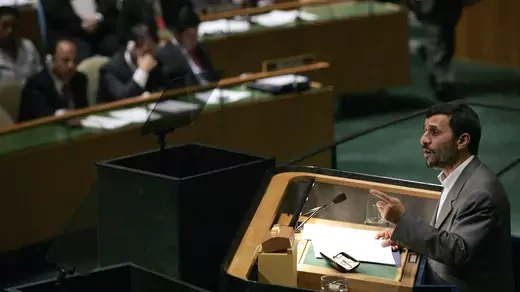 Iranian President Mahmoud Ahmadinejad addresses the General Assembly at the UN headquarters in New York.