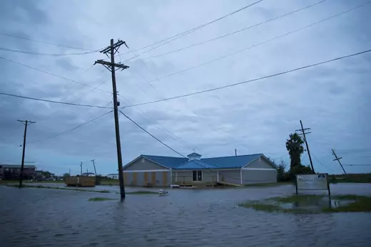 Flooding caused by Hurricane Laura on August 27, 2020 in Sabine Pass, Texas. Hurricane Laura came ashore bringing rain and high winds to the eastern part of the state.