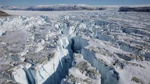 Crevasses form on top of the Helheim glacier near Tasiilaq, Greenland