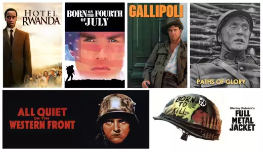 Movie posters clockwise from the top left: Hotel Rwanda/Amazon; Born on the Fourth of July/TV Guide; Gallipoli/IMDB; Paths of Glory/Amazon; Full Metal Jacket/TV Guide; All Quiet on the Western Front/IMDB