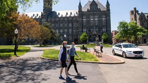 The campus of Georgetown University is seen nearly empty as classes were canceled due to the coronavirus pandemic.