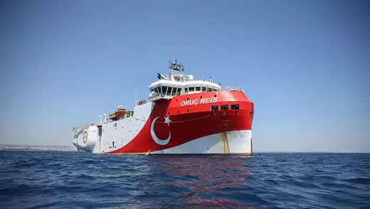 Oruc Reis, a seismic research ship painted red and white to resemble the Turkish flag, is pictured in the Eastern Mediterranean.