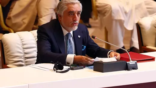 Abdullah Abdullah speaks during opening remarks for talks between the Afghan government and Taliban insurgents in Doha, Qatar 