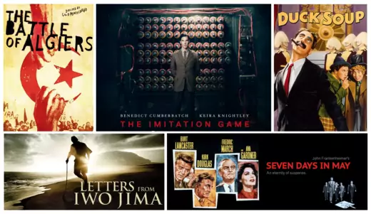 Movie posters clockwise from the top left: The Battle of Algiers/IMDB; The Imitation Game/Amazon; Duck Soup/Google Play; Seven Days in May/Golden Globes; Letters from Iwo Jima/Amazon.