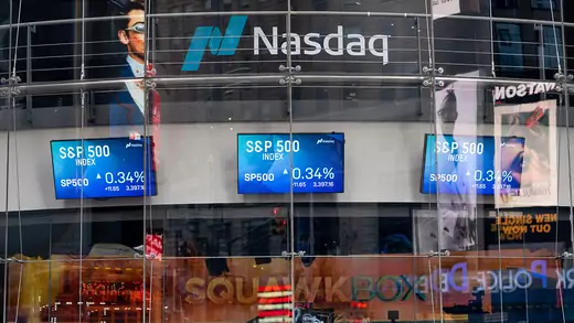 S&P 500 trading screens are displayed at the Nasdaq building in Times Square as the city continues Phase 4 of re-opening following restrictions imposed to slow the spread of coronavirus in New York City. 