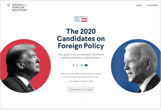 Screenshot of Election 2020 homepage, with headshots of Trump and Biden in red and blue circles, respectively