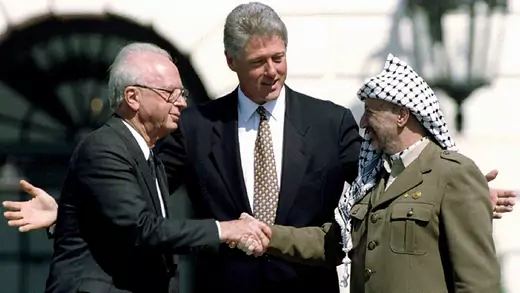 Former Israeli Prime Minister Yitzhak Rabin shaking hands with Yasser Arafat on the White House South Lawn