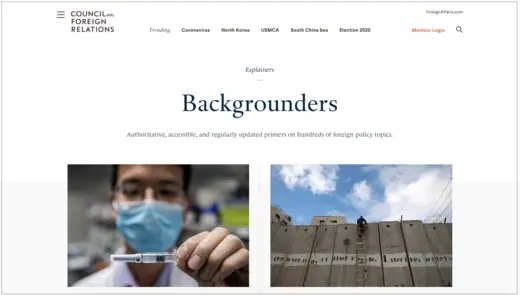 Screenshot of the "Backgrounders" content page on CFR.org, including photo of a masked doctor holding a syringe and a wall topped with barbed wire