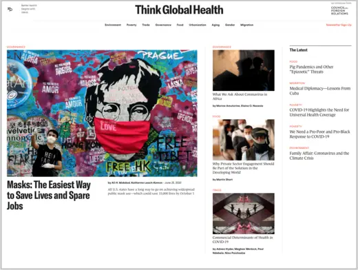 Screenshot of the Think Global Health website homepage, featuring a mural of John Lennon wearing a mask. 