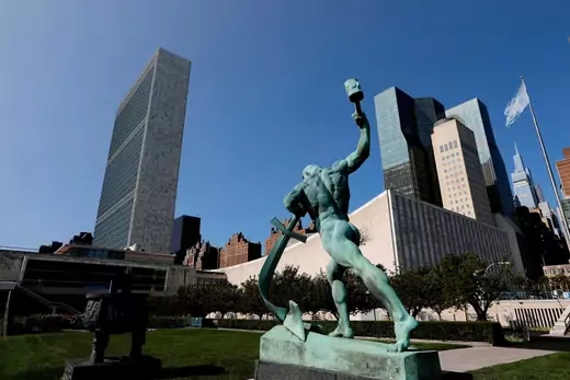 The United Nations headquarters is seen from the North sculpture garden during the 75th annual U.N. General Assembly high-level debate.