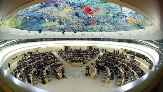 Overview of the session of the Human Rights Council during the speech of U.N. High Commissioner for Human Rights Michelle Bachelet at the United Nations