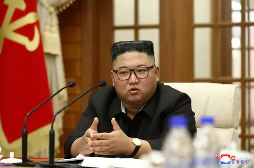 North Korea's leader Kim Jong-un speaks during the 18th Meeting of the Political Bureau of the 7th Central Committee of the Workers' Party of Korea (WPK), in this image released by North Korea's Korean Central News Agency (KCNA) on September 30, 2020. 