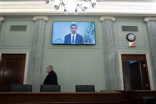 CEO of Google and Alphabet Sundar Pichai appears on a monitor as he testifies remotely during the Senate Commerce, Science, and Transportation Committee hearing on Section 230.
