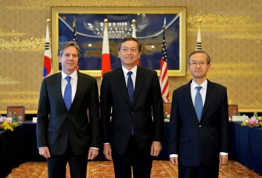 Japan's Vice Foreign Minister Akitaka Saiki (C), U.S. Deputy Secretary of State Antony Blinken (L) , and South Korean First Vice Foreign Minister Lim Sung-nam pose at the start of their trilateral meeting, at the foreign ministry's Iikura guest house in Tokyo, Japan.