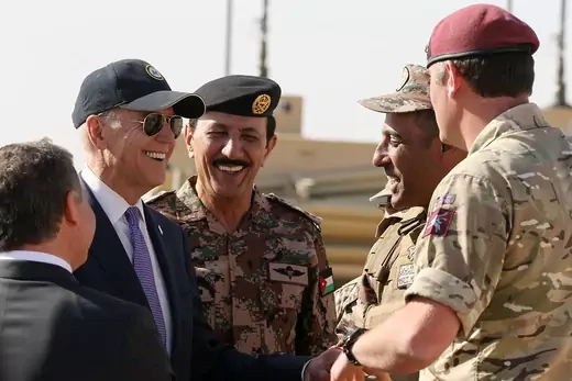U.S Vice President Joe Biden meets with troops during a visit with Jordan's King Abdullah at a joint Jordanian-American training center.