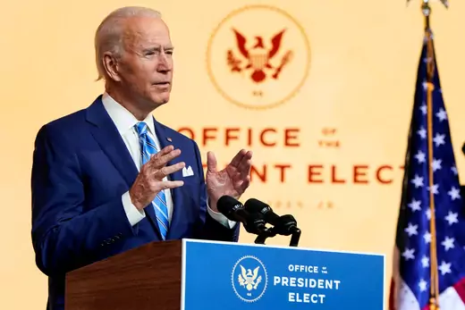 U.S. President-elect Joe Biden delivers a pre-Thanksgiving speech at his transition headquarters in Wilmington, Delaware, U.S., November 25, 2020.