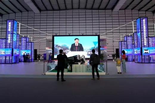 China's President Xi Jinping is shown on a screen during the World Internet Conference (WIC) in Wuzhen, Zhejiang province, China, on October 20, 2019.