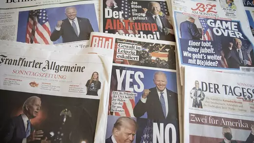 This photo illustration shows German newspaper headlines on November 8, 2020, following news outlets' projection of Joe Biden as the winner of the U.S. presidential election.