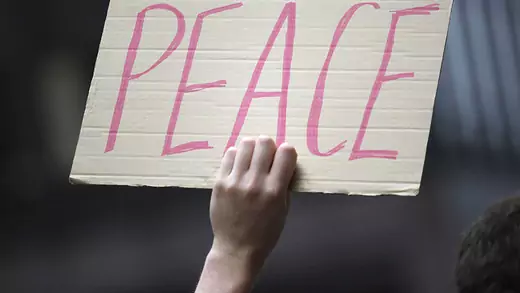 A demonstrator holds a peace sign during an anti-nuclear weapons protest rally and march in New York May 2, 2010. On the eve of the Nuclear Non-Proliferation Treaty (NPT) Review Conference