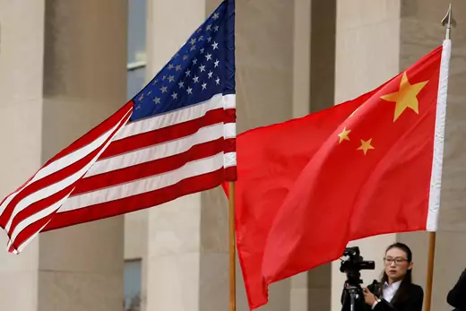 U.S. and Chinese flags are seen before Defense Secretary James Mattis welcomes Chinese Minister of National Defense Gen. Wei Fenghe to the Pentagon in Arlington, Virginia, U.S., November 9, 2018.