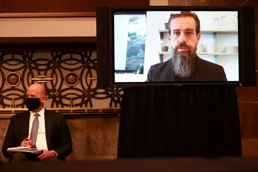 Twitter CEO Jack Dorsey is seen testifying remotely via videoconference during a Senate Judiciary Committee hearing.