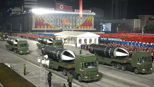 Rows of military equipments at a military parade to celebrate the 8th Congress of the Workers' Party in North Korea