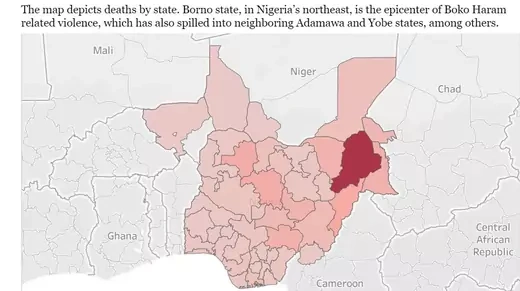 Map of Nigeria shaded in red to reflect Nigeria Security Tracker-documented deaths per state. Borno state, the northeastern-most state, is dark red, while the rest of the country are shades of pink. Regions of Cameroon, Chad, and Niger that have experienced Boko Haram-related violence are also shaded.
