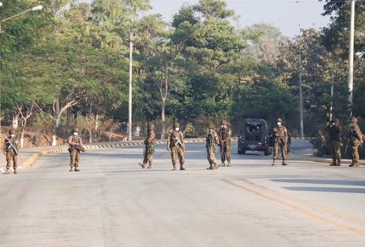 Soldiers stand guard at a Myanmar's military checkpoint on the way to the congress compound in Naypyitaw, Myanmar, on February 1, 2021.