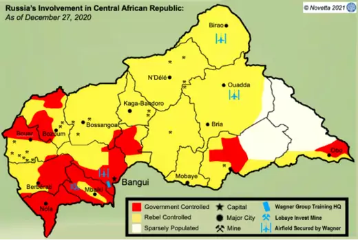A map of the Central African Republic, with rebel-held and government-held areas delineated by color.