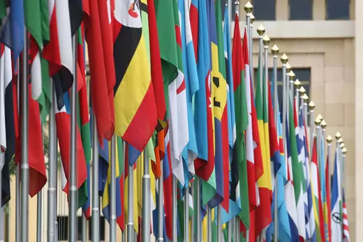 Numerous national flags are seen in front of the United Nations Office (UNOG) on June 8, 2008 in Geneva, Switzerland.