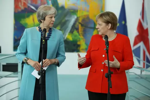 German Chancellor Angela Merkel and British Prime Minister Theresa May give statements to the media prior to talks at the Chancellery on July 5, 2018 in Berlin, Germany. Brexit was to be a major topic of their meeting.