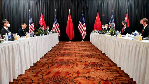The opening session of US-China talks at the Captain Cook Hotel in Anchorage, Alaska, U.S. March 18, 2021.