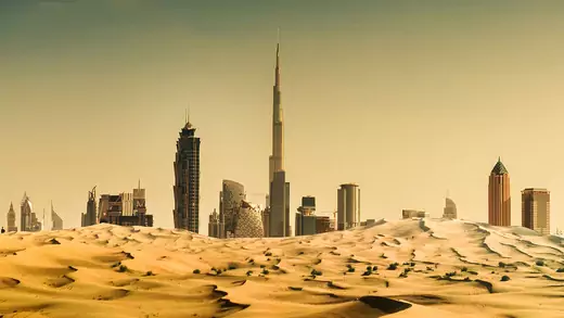 The skyline of Dubai, United Arab Emirates, is seen from the desert.