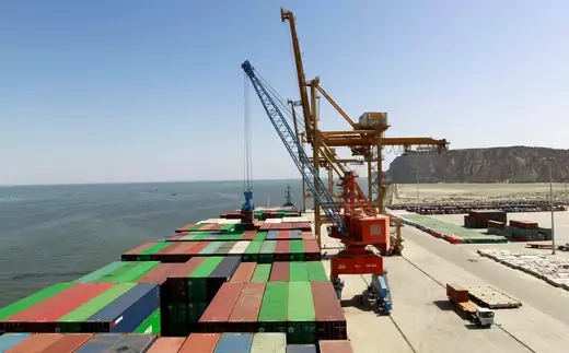 A container is loaded on to the Cosco Wellington, the first container ship to depart after the inauguration of the China-Pakistan Economic Corridor port in Gwadar, Pakistan, on November 13, 2016.