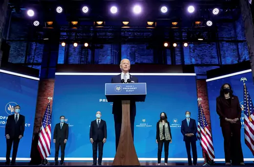 President-elect Joe Biden stands with his nominees for his national security team at his transition headquarters in the Queen Theater in Wilmington, Delaware, U.S., November 24, 2020.