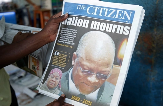 A copy of the Tanzanian newspaper "The Citizen," with the headline "Nation mourns," shows a picture of recently deceased President John Magufuli after his death was announced yesterday. In the bottom left, a picture of soon-to-be-president Samia Suluhu.