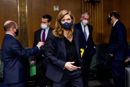 Samantha Power, President Joe Biden's nominee to lead USAID, walks to her seat prior to her confirmation hearing. 