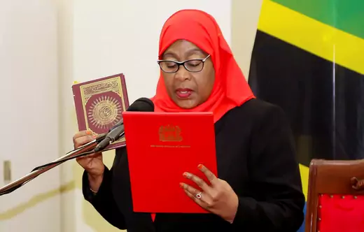 Samia Suluhu Hassan, the first woman president of Tanzania, takes her oath of office following the death of her predecessor. 